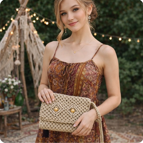 Vintage Handbags - Vintage Boho Macramé Wristlet Clutch